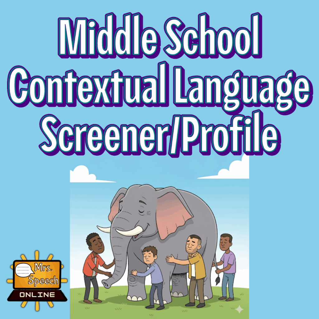 over image for a middle school language screener showing four people touching different parts of a large elephant.