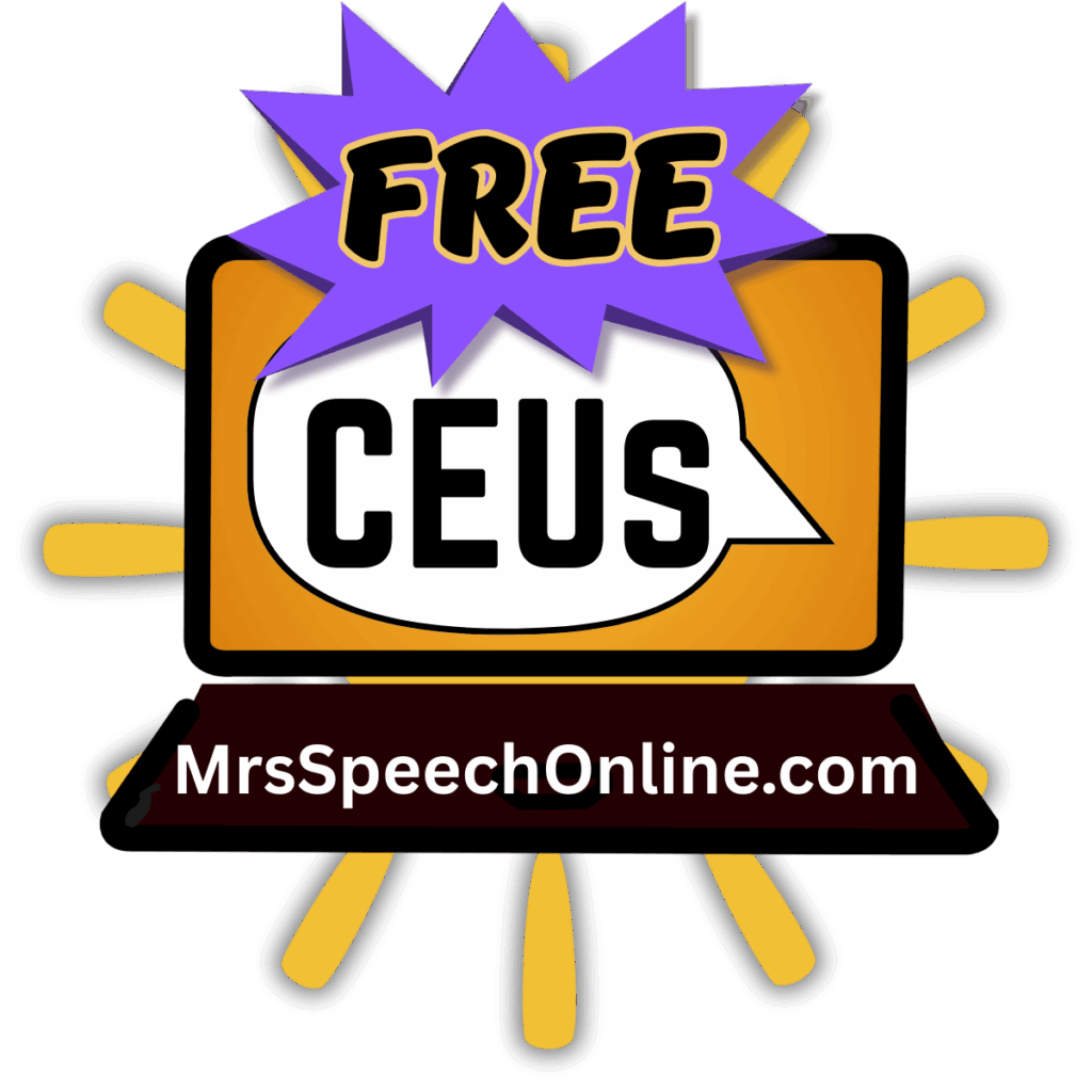 Logo for MrsSpeechOnline.com featuring an orange laptop, a purple starburst with the word "FREE," and "CEUS" in a white speech bubble.