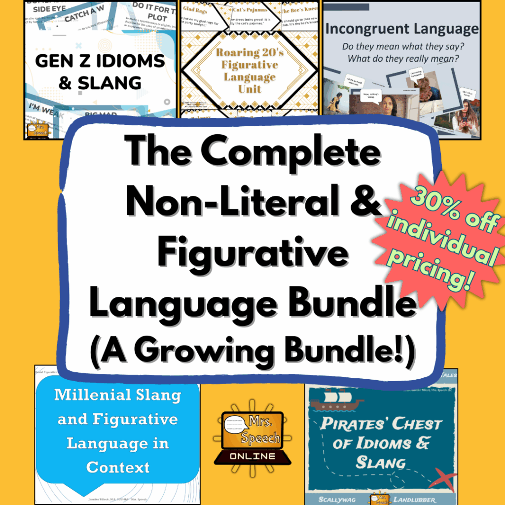 The cover page for the Non-Literal & Figurative Language Bundle, perfect for teaching idioms. The main title is in large, black font on a yellow background, with smaller images of the included units, like the "Gen Z Idioms," "Roaring 20's," and "Pirates' Chest" covers. A red sticker highlights a "30% off" discount.