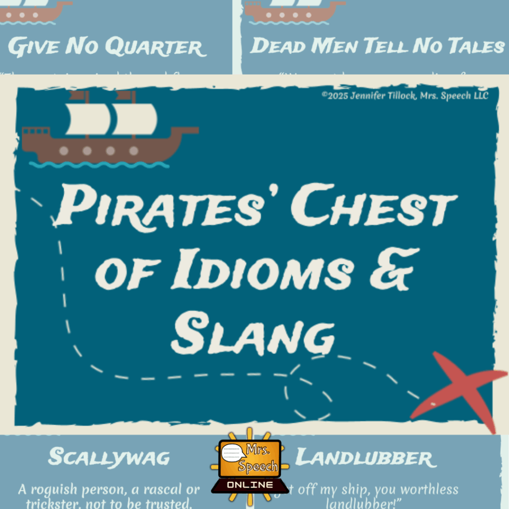 The cover page for a teaching resource on pirate slang. The main section is a dark teal rectangle with a dotted line in the shape of a treasure map, leading to a red 'X'. The title "Pirates' Chest of Idioms & Slang" is written in a stylized font. Smaller illustrations of pirate ships and example phrases like "Give No Quarter" and "Scallywag" are visible around the border.