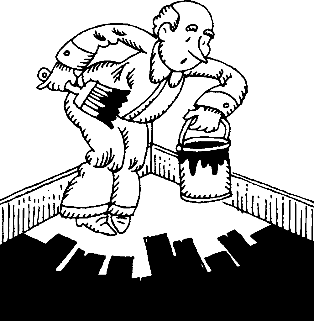 A black and white line drawing of a man who has painted himself into a corner, looking confused.