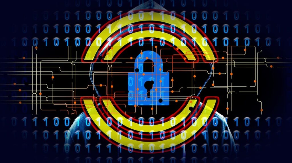 A hooded silhouette figure against a dark blue background with binary code, overlaid with circuit lines and a prominent blue padlock, representing the critical need for AI & data privacy and cybersecurity in clinical settings.