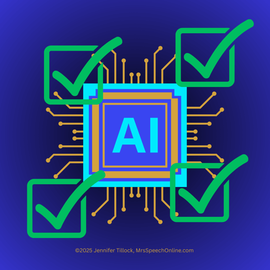 A digital illustration of a computer microchip labeled "AI" surrounded by four large green checkmarks, symbolizing ethical and verified use of SLP AI tools.