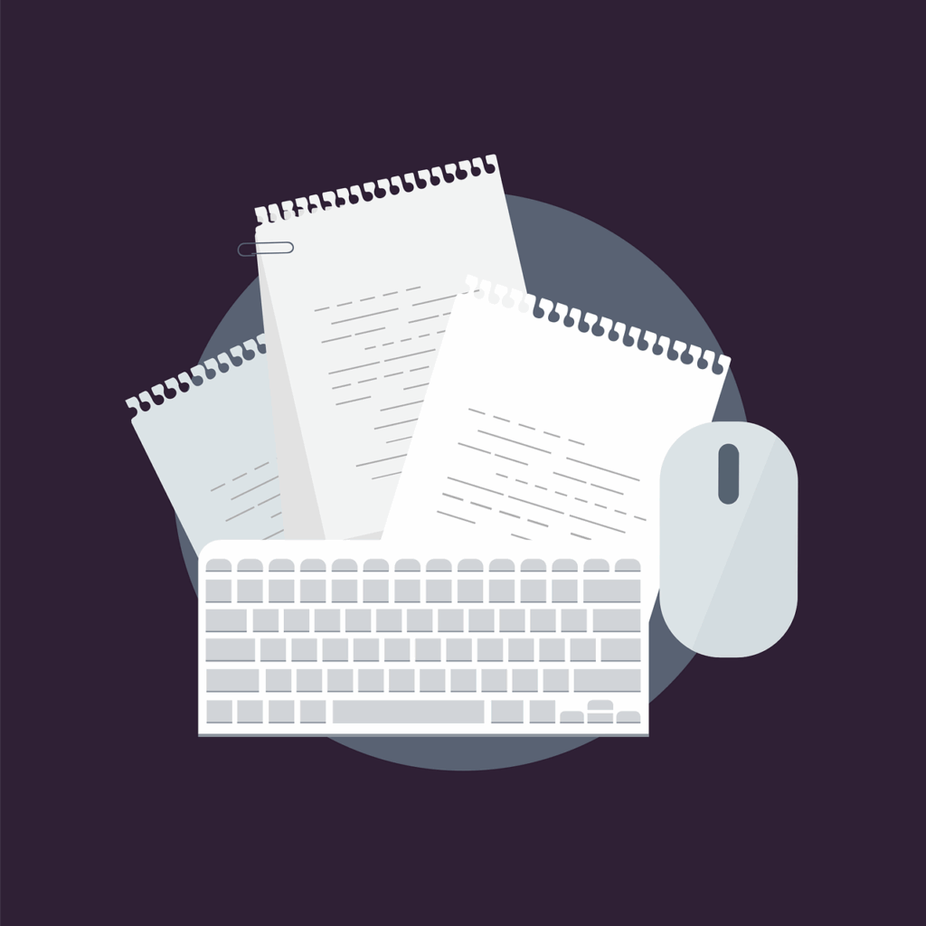 An illustration showing a white computer keyboard and mouse overlaying three spiral-bound notebooks or papers, symbolizing documentation and administrative tasks.