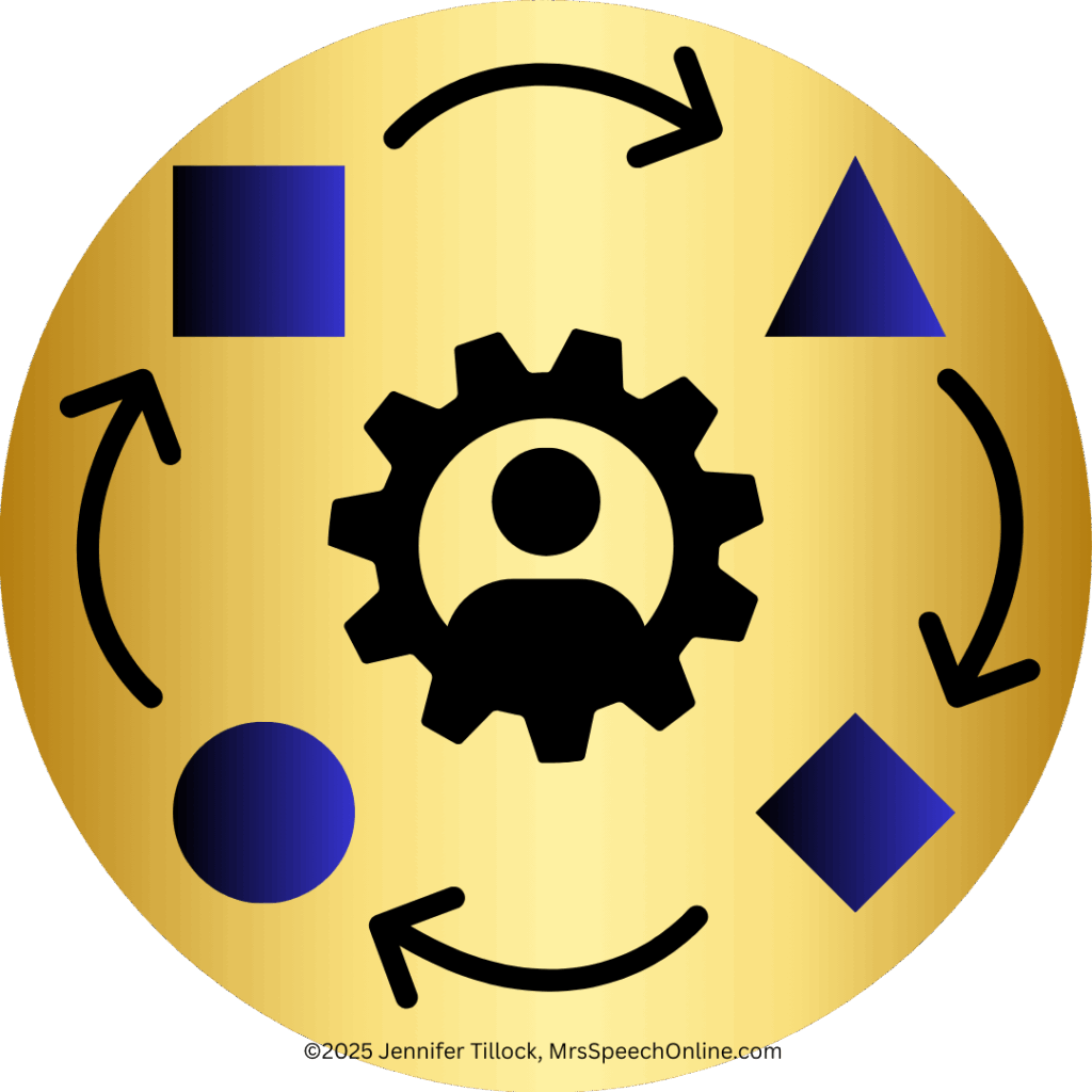 A gold diagram featuring a gear with a person's silhouette at the center. Various blue geometric shapes (square, triangle, circle, diamond) cycle around the center, connected by arrows, representing the process of adapting therapy materials for diverse student needs.