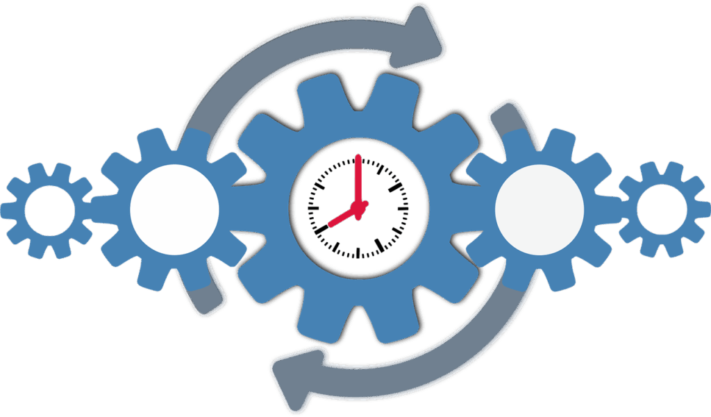 An illustration of blue and gray gears meshing together, with a clock face centered on the main gear, symbolizing efficiency and time management improved with AI.