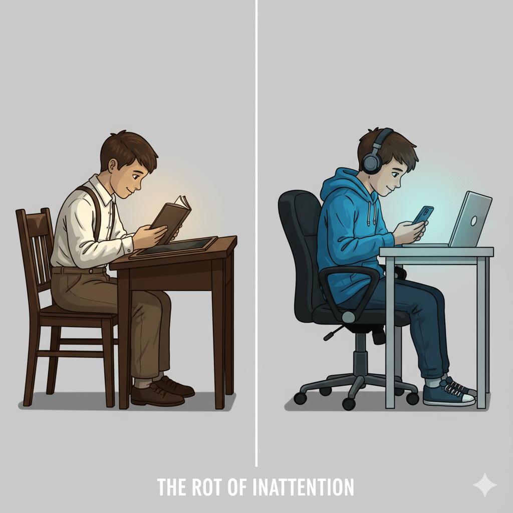 Split cartoon showing a student distracted by a book in 1900 on the left and a student distracted by a phone in 2020 on the right.