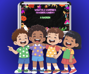 Four diverse, happy elementary-aged children laughing together in front of a Halloween-themed blackboard displaying the joke: "What is a vampire's favorite candy? A sucker!" The image emphasizes social connection, and engagement when sharing humor in speech therapy.