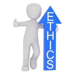A 3D figure holding a large blue arrow labeled "ETHICS," symbolizing the necessary guidance and compliance for SLP AI Prompt Writing away from PHI.