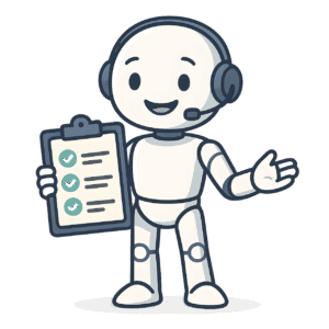 A friendly robot wearing a headset and holding a clipboard with a completed checklist, representing AI's role in streamlining SLP tasks after effective AI Prompt Writing.