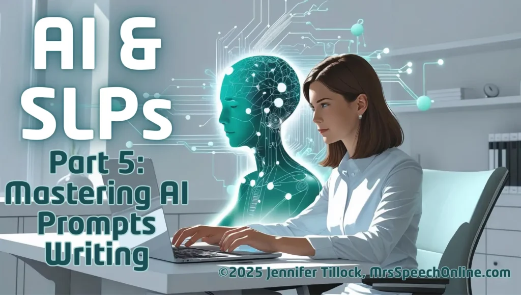 SLP writing AI prompts on a laptop, with a glowing digital head symbolizing AI prompt engineering.