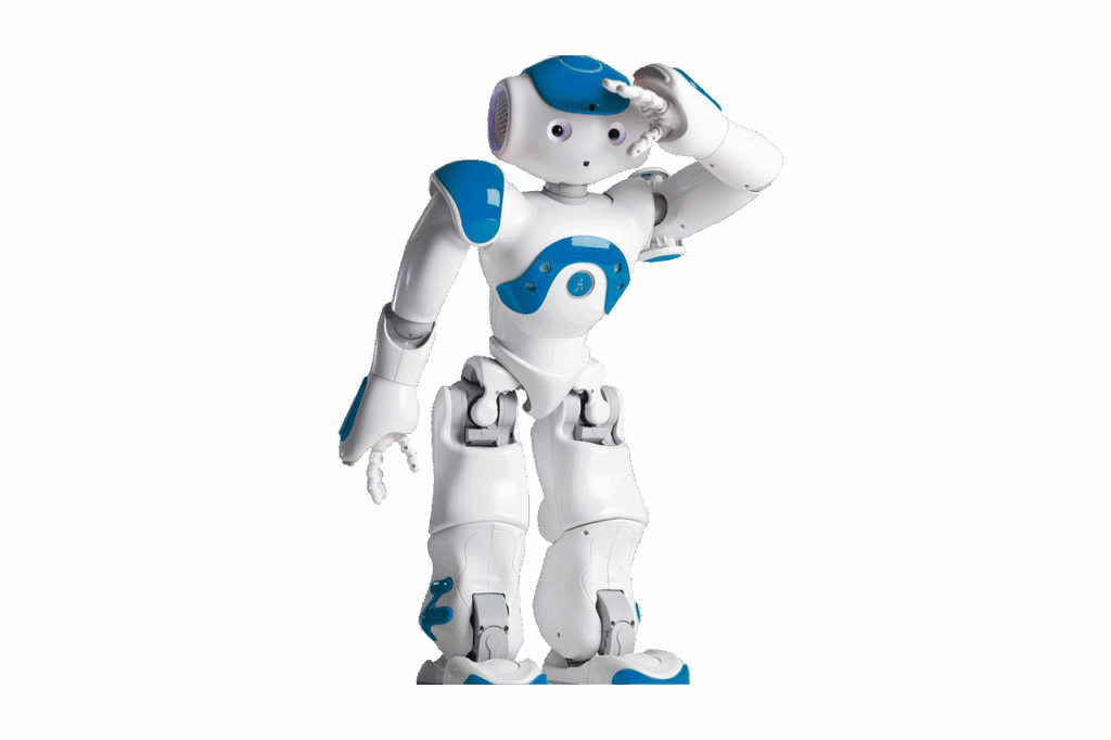 A white and blue humanoid robot (like a Nao robot) looking to the side with its hand raised to its brow, appearing confused or searching, symbolizing AI's current limitations in SLP AI Prompt Writing and nuanced understanding.