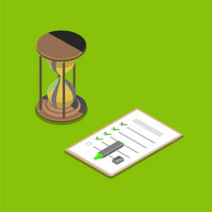 An hourglass next to a checklist and a highlighter, symbolizing the time savings and increased efficiency achieved through mastering SLP AI Prompt Writing techniques.