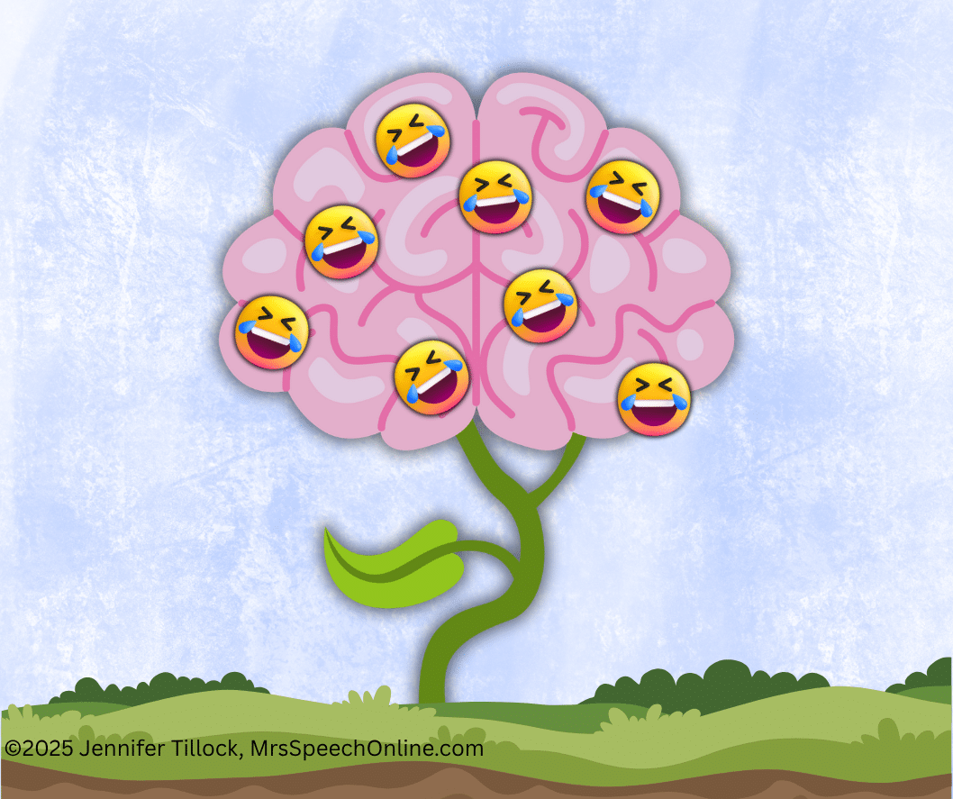 Whimsical illustration of a pink brain growing out of the ground like a plant, with laughing emojis floating around it, symbolizing speech therapy humor benefits.