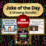 Cover image for a Joke of the Day Growing Bundle featuring backgrounds for teleconferencing with themes including Winter, Back-to-School, and Halloween jokes, all offered at a 30% discount.