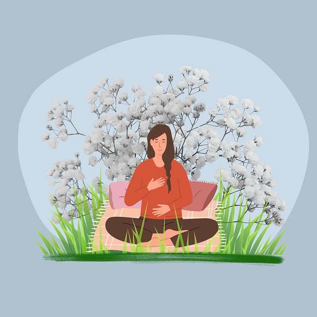 An illustration of a woman seated in a relaxed pose with her eyes closed, hands on her chest and stomach, focused on breathing. This represents the parental self-regulation skill of finding a Calming Anchor before reacting to a child.