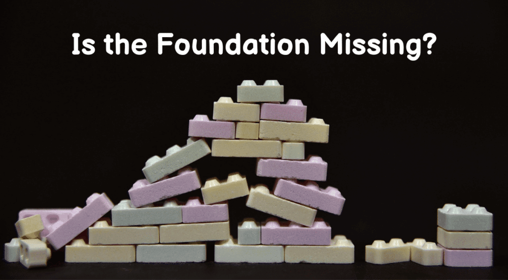 A visually unstable stack of colored building blocks with a single structured stack on the right, illustrating how Parental Self-Regulation for Child SEL is the missing foundation. The text overlay reads, "Is the Foundation Missing?"
