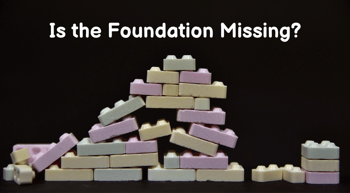 A visually unstable stack of colored building blocks with a single structured stack on the right, illustrating how Parental Self-Regulation for Child SEL is the missing foundation. The text overlay reads, "Is the Foundation Missing?"