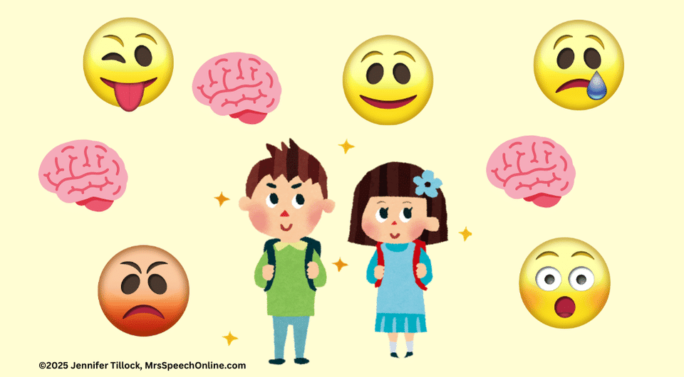 An illustration of two happy students surrounded by various emojis showing different emotions (joy, anger, sadness) and diagrams of the human brain, representing school-based SEL programs and emotional identification skills.